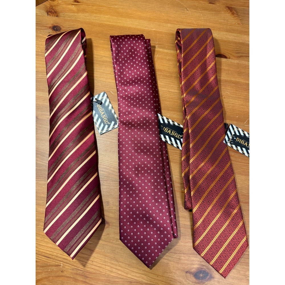 DIBANGU Mens Silk Tie‎ Lot of 3 Burgundy Red Striped Geometric Classic NWT